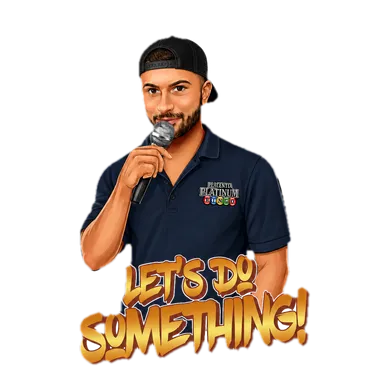 Ragz, the host of Placentia Platinum Bingo, holding a microphone — Let's do something!