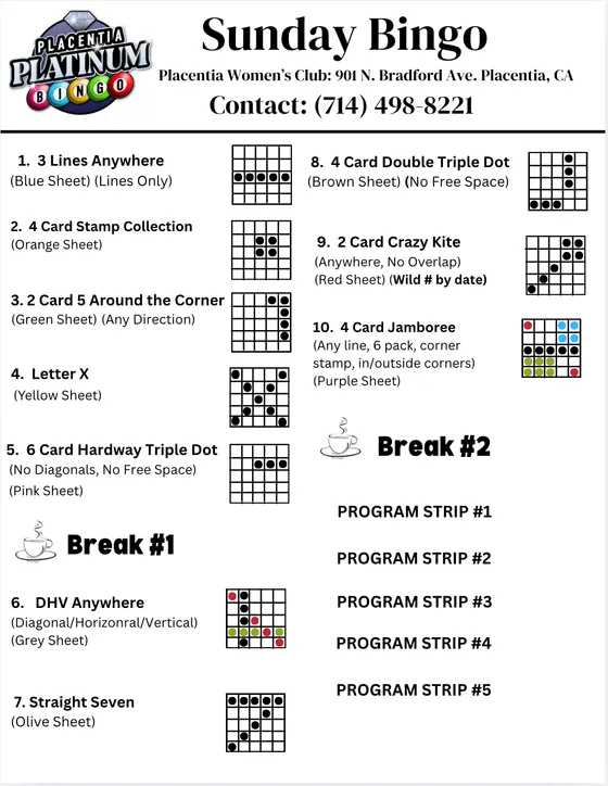 Sunday session program — all 10 paper games with sheet colors and winning patterns