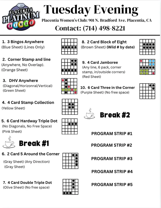 Tuesday Evening session program — all 10 paper games with sheet colors and winning patterns