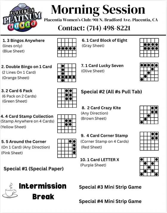 Tuesday Morning session program — all 10 paper games with sheet colors and winning patterns